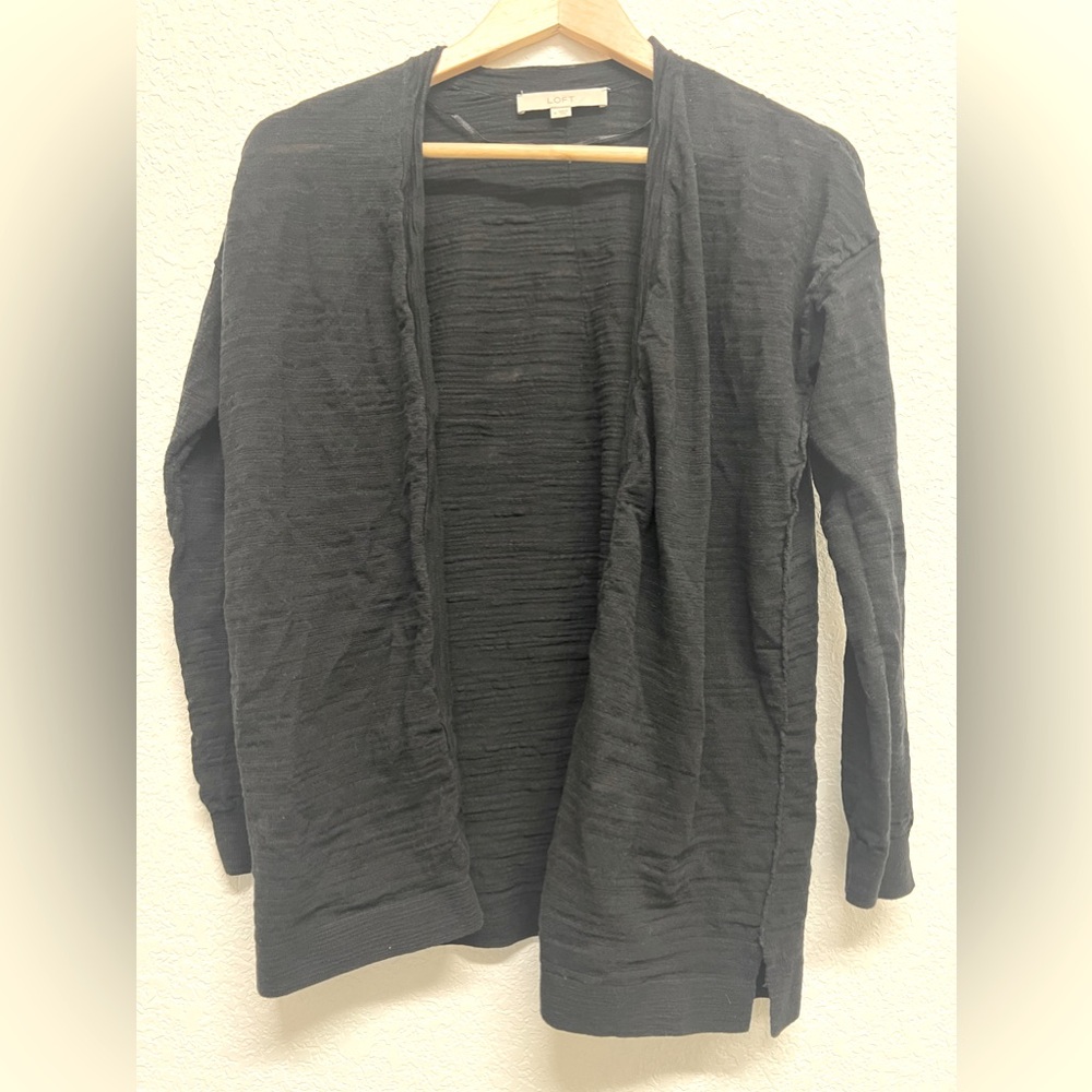 *LOFT Slub Knit Open Front Cardigan Black Rough Hem M